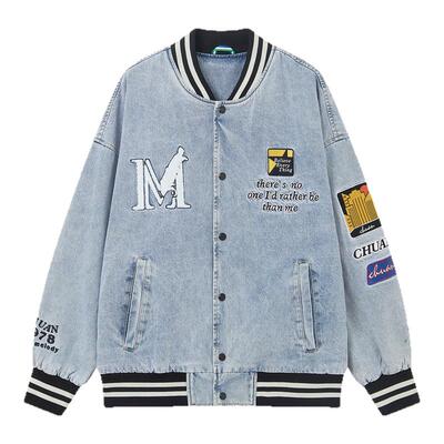 FNB美式高街复古风刺绣棒球服牛仔外套男女款宽松学院派潮流夹克