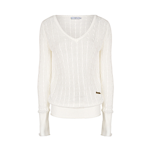 任敏同款 Kroche  山羊绒+绵羊毛 V领镂空麻花套头罩衫上衣