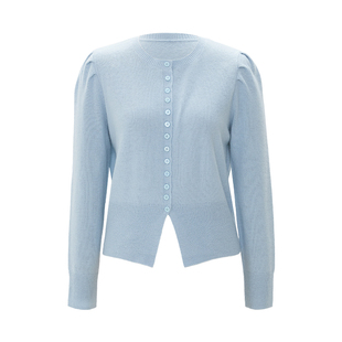 IAmMIX27简约圆领针织开衫女百搭减龄泡泡袖绵羊毛混纺兔毛上衣女