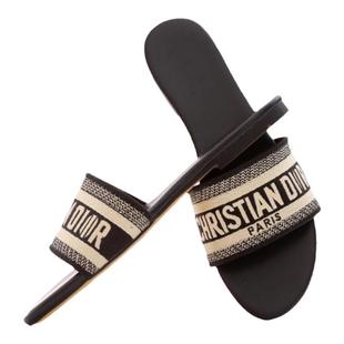 D家老花字母刺绣h拖鞋女夏时尚外穿真皮平底一字百搭韩版沙滩凉鞋