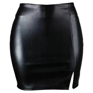 前卫pu后拉链侧开叉黑色短裙 leather rear zip wrap hip skirt