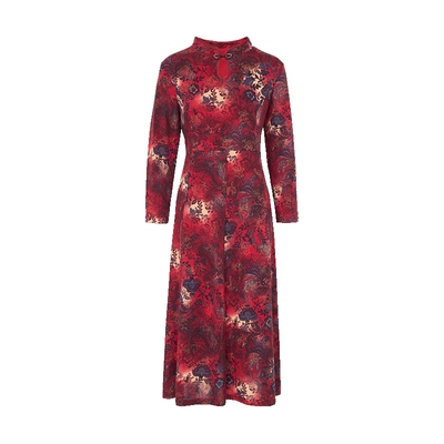 马天奴枣红色印花旗袍领连衣裙
