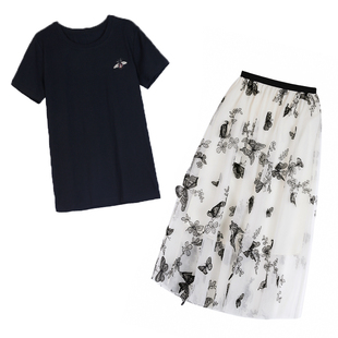 亲子装母女套装连衣裙夏装新款短袖t恤两件套网纱半身裙洋气网红