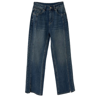 侧开叉四面弹莱赛尔高腰显瘦垂感直筒牛仔裤女秋冬裤子窄版阔腿裤