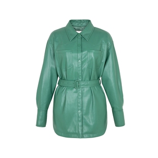 XG雪歌湖绿色中长款皮质外套时尚秋季新款腰带搭配翻领设计风衣女