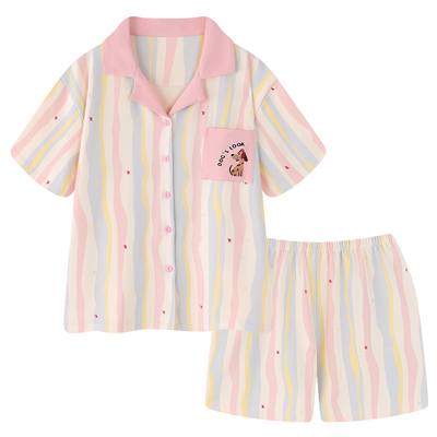 ins风卡通纯棉睡衣女款夏季薄款短袖可外穿100棉条纹家居服套装夏