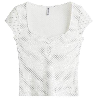 HM女装T恤夏季甜心领精致时尚简约气质罗纹T恤1295434