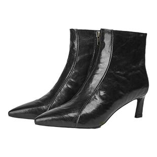 millies妙丽冬季新款加绒保暖尖头羊皮真皮轻奢高级感高跟短靴女