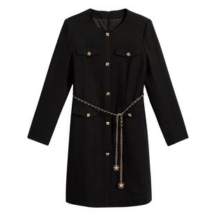 YINER音儿专选冬季女装法式小黑裙金属腰链收腰连衣裙
