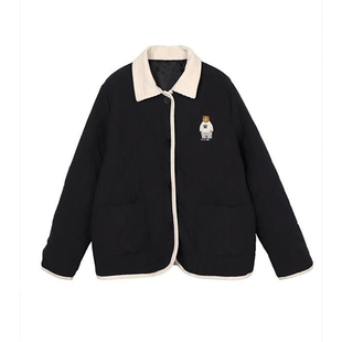 胖mm特大码黑色小熊刺绣翻领二棉外套女冬季加厚保暖菱格棉服上衣