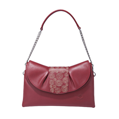 真皮单肩包轻奢半坡花朵复古