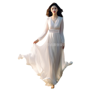 夏季新款白色雪纺长袖收腰显瘦气质连衣裙过膝长款海边度假沙滩裙