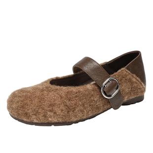 EBLAN/伊伴一字带内增高玛丽珍鞋女2025秋冬新款浅口毛毛软底单鞋