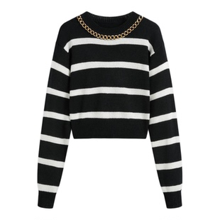 CIDER 春秋女装针织圆领条纹链条细节短款毛衣112089061