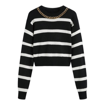 CIDER 春秋女装针织圆领条纹链条细节短款毛衣112089061