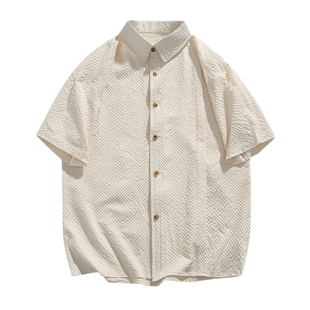 悟空有货夏季复古纯色泡泡纱短袖衬衫男潮牌宽松百搭休闲半袖衬衣