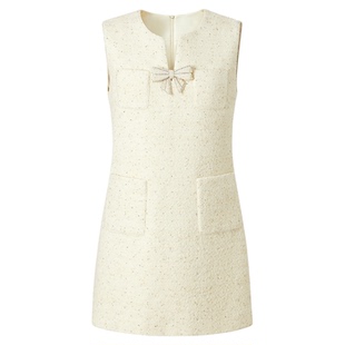 MOISSAC摩萨克冬季款优雅小香风V领蝴蝶结短款无袖连衣裙女