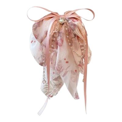 新中式印花蝴蝶结珍珠流苏飘带抓夹女高级感马尾夹半扎发鲨鱼夹子