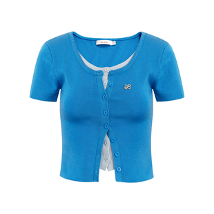 陈都灵同款Liilou 假两件 莱赛尔克莱因蓝撞色针织短袖开衫