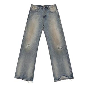 Selfness Vintage Denim泥染手擦做旧激光火烧拆边裤脚宽松牛仔裤
