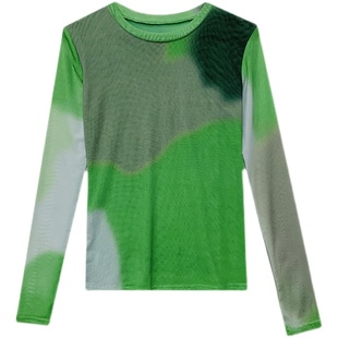 t恤欧货洋气网纱打底衫女2025年春季新款晕染气质绿色长袖上衣潮