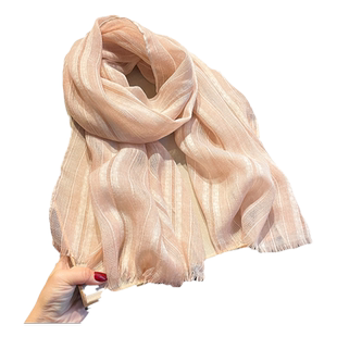 日系镂空围巾女系脖小清新黄色长款春秋季沙滩巾百搭简约丝巾披肩