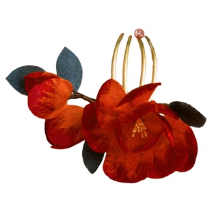 格格间【倾城】红色牡丹白菜绒花非遗发梳发簪原创汉服发饰古风