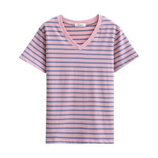 正肩纯棉短袖t恤女2026夏装新款条纹半袖胖mm宽松大码显瘦上衣服