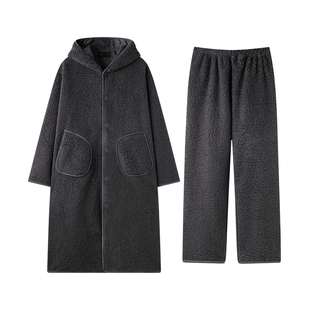 曼系“无束缚感”羊羔绒男士睡袍加绒裤灰色利落简约连帽睡衣套装