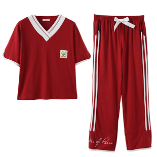 2026年新款睡衣女夏季短袖长裤纯棉大红色本命年春秋款家居服套装