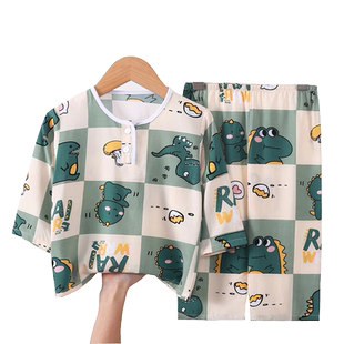 儿童棉绸睡衣宝宝薄款夏季长袖男童绵绸家居服女童套装小孩空调服