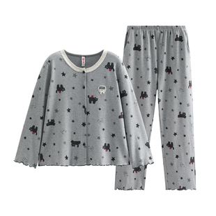 芬腾女生睡衣春秋季纯棉圆领长袖套装可爱休闲宽松大码家居服春天