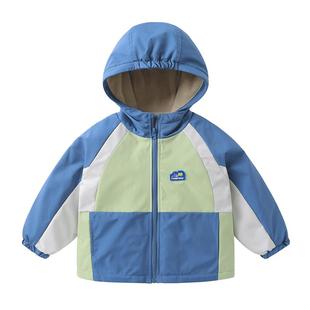 右欧儿童加绒加厚连帽外套防水男童女童棉衣撞色山系冬季新款童装