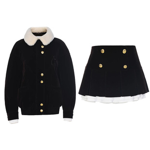 6JONIbyBEB 冬季美拉德金扣毛领猫咪丝绒85白鸭绒外套＋丝绒半裙