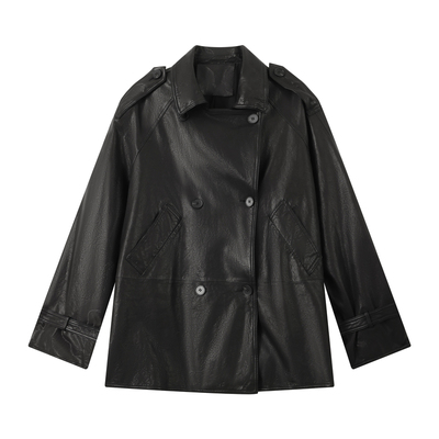 春季黑色羊皮宽松皮衣外套