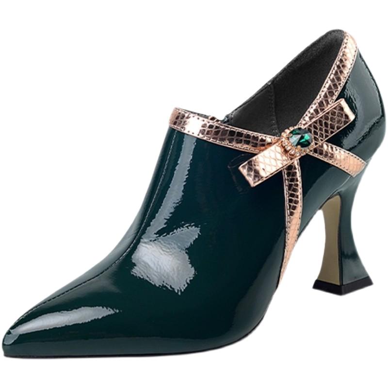 法式高跟鞋女粗跟2025年春秋新款漆皮女鞋气质尖头蝴蝶结深口单鞋