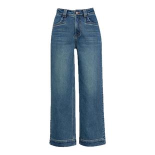 蓝色植绒牛仔阔腿裤女2025冬季新款加绒加厚直筒小个子九分休闲裤