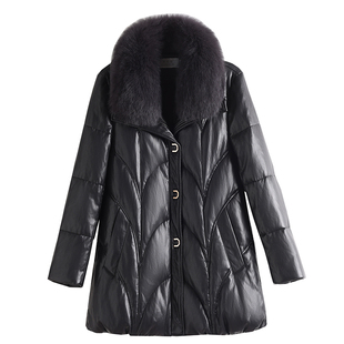海宁真皮羽绒服女中长款2025冬新款白鸭绒绵羊皮狐狸毛领皮衣外套