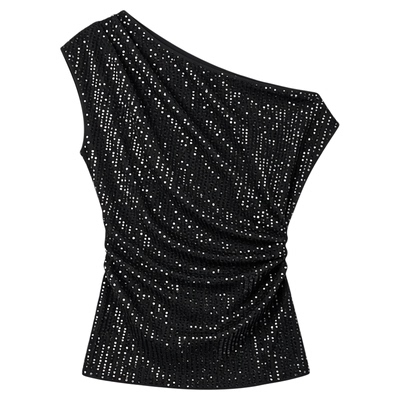 One shoulder sequin short sleeved top 一肩亮片褶皱短袖上衣女