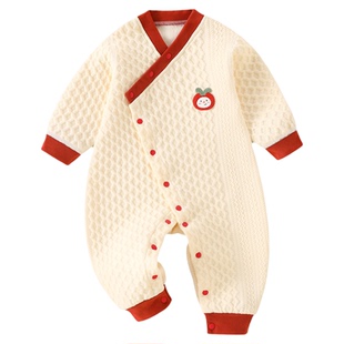 初生婴儿连体衣夹棉春秋爬服斜襟保暖哈衣无骨宝宝连身衣可爱冬装