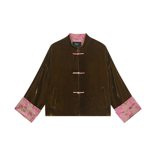 如意连云春秋新款真丝绒盘扣短外套女复古新中式国风宽松显瘦上衣