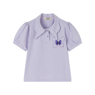 爱法贝童装夏季女童短袖T恤儿童上衣法式大女童T花边领蝴蝶T