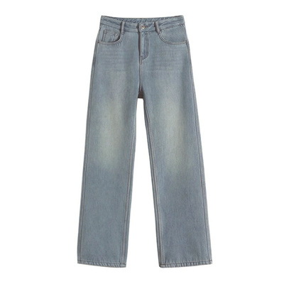 小个子145浅色阔腿高腰牛仔裤女秋冬加绒宽松显瘦八分直筒休闲裤9