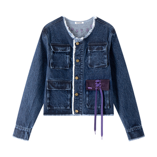 【买一送一】PSYCHOS莎可斯小香风无领刺绣毛边牛仔外套夹克男女