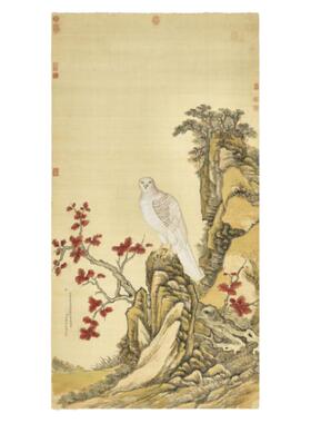 艾启蒙画白鹰轴清朝郎世宁工笔老鹰绘画装饰挂轴装裱微喷复制画稿