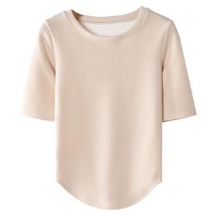 秋冬新款韩圆领修身纯色燕尾摆纯欲加绒加厚中袖体恤上衣女打底衫