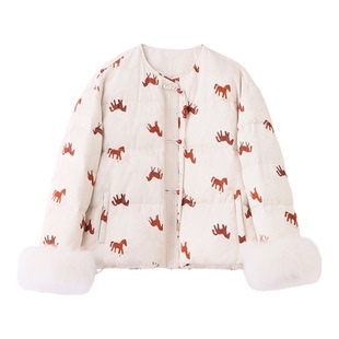 新中式国风羽绒服女冬季2025新款轻奢高级感气质印花白鸭绒短外套