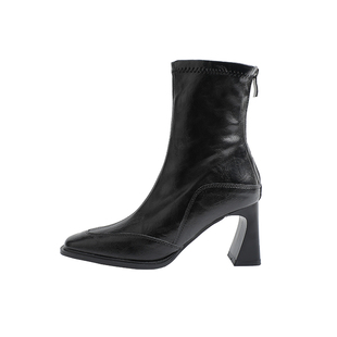 真皮~骄屿短靴女2025秋冬新款高跟靴子方头小踝靴粗跟法式瘦瘦靴