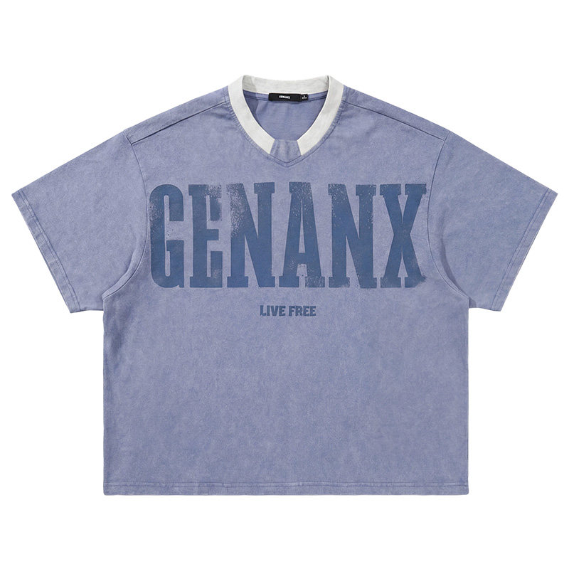 GENANX闪电潮牌纯棉双纱球衣V领T恤2026夏季新款印花情侣短袖上衣