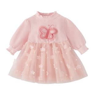 [7A抗菌]女童裙子秋季宝宝甜美蝴蝶卫衣裙洋气公主裙儿童连衣裙女